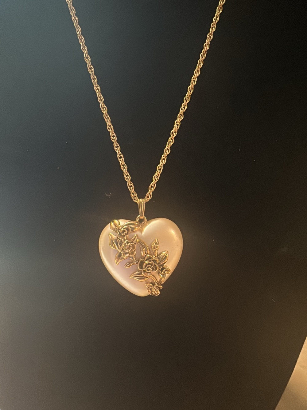 Vintage Cream Color Heart with gold flower  design on the pendant necklace